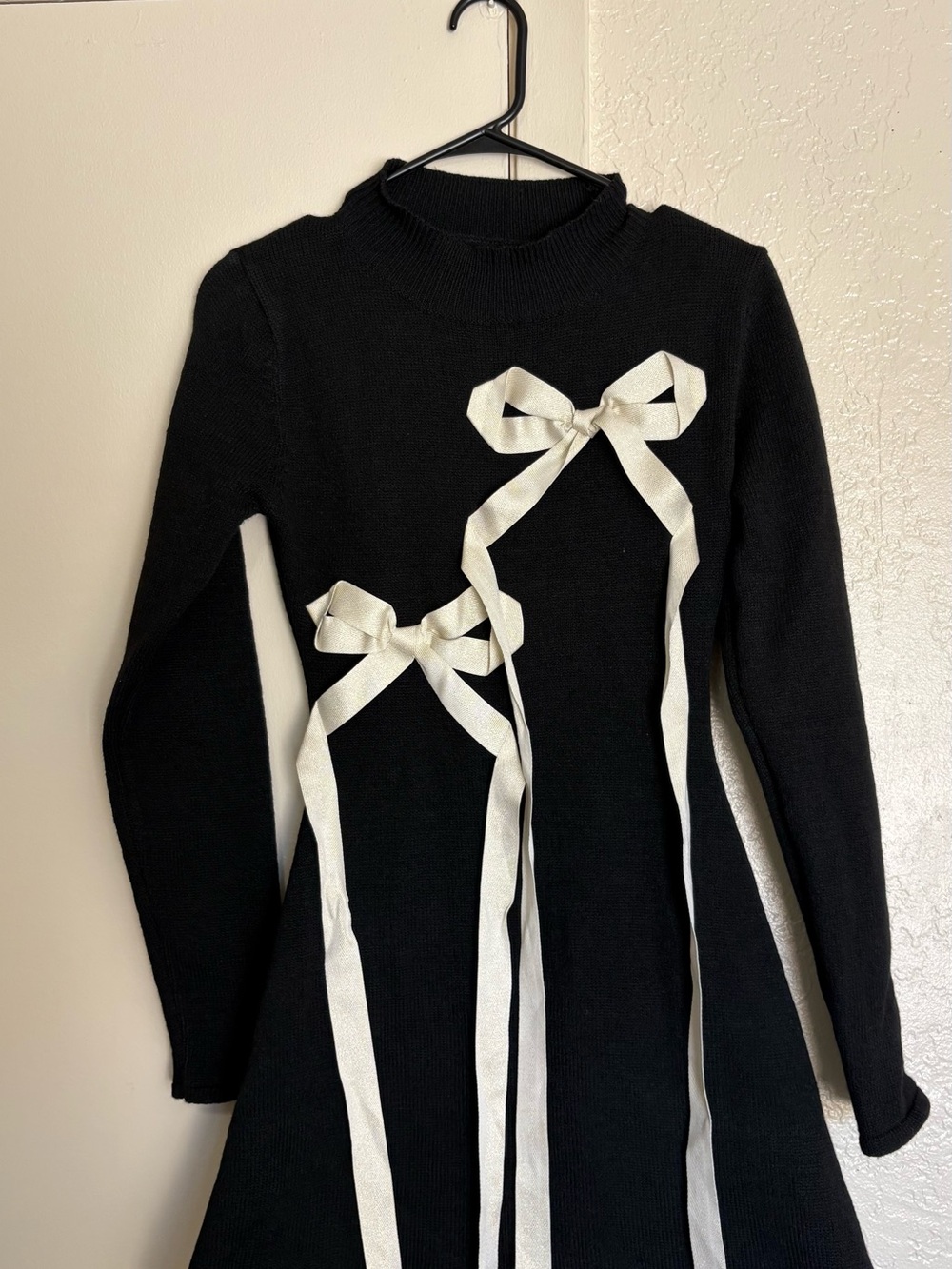 Black Sweater Dress with Ivory Ribbon Bows